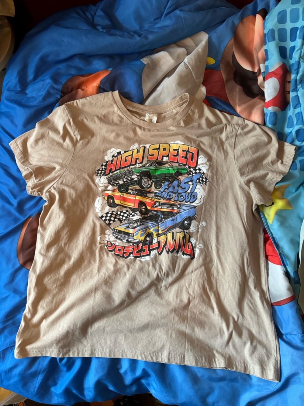 High Speed Graphic Cars Tee - Beige with Multicolor Print
